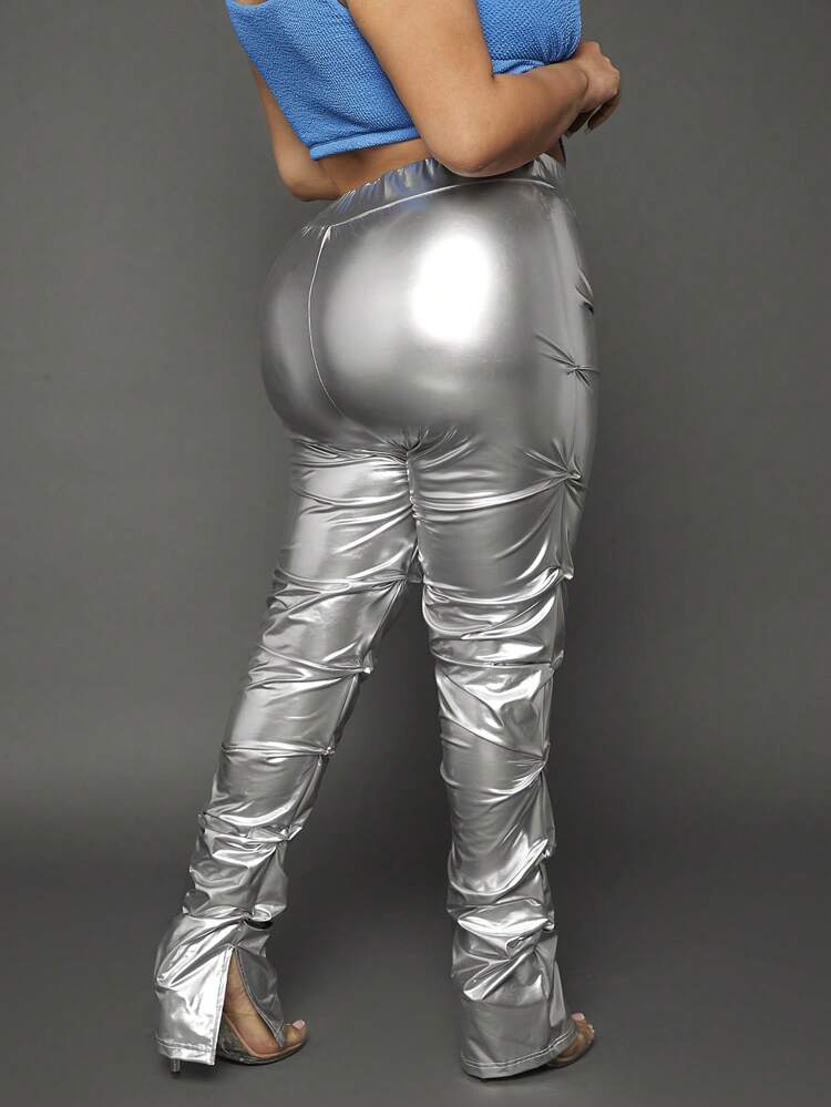 Plus High Waist Split Hem Stacked Pants