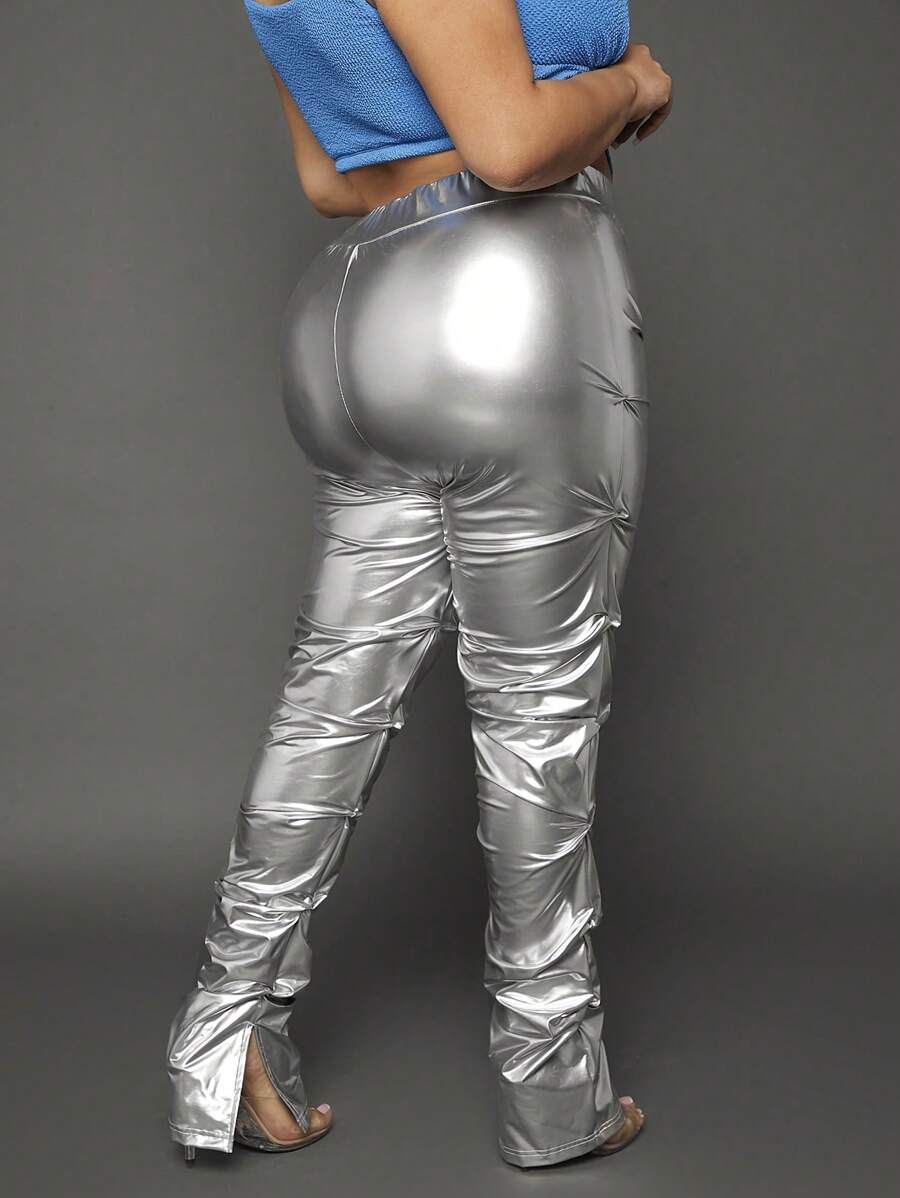 SHEIN SXY Plus High Waist Split Hem Stacked Pants - Silver - View 1