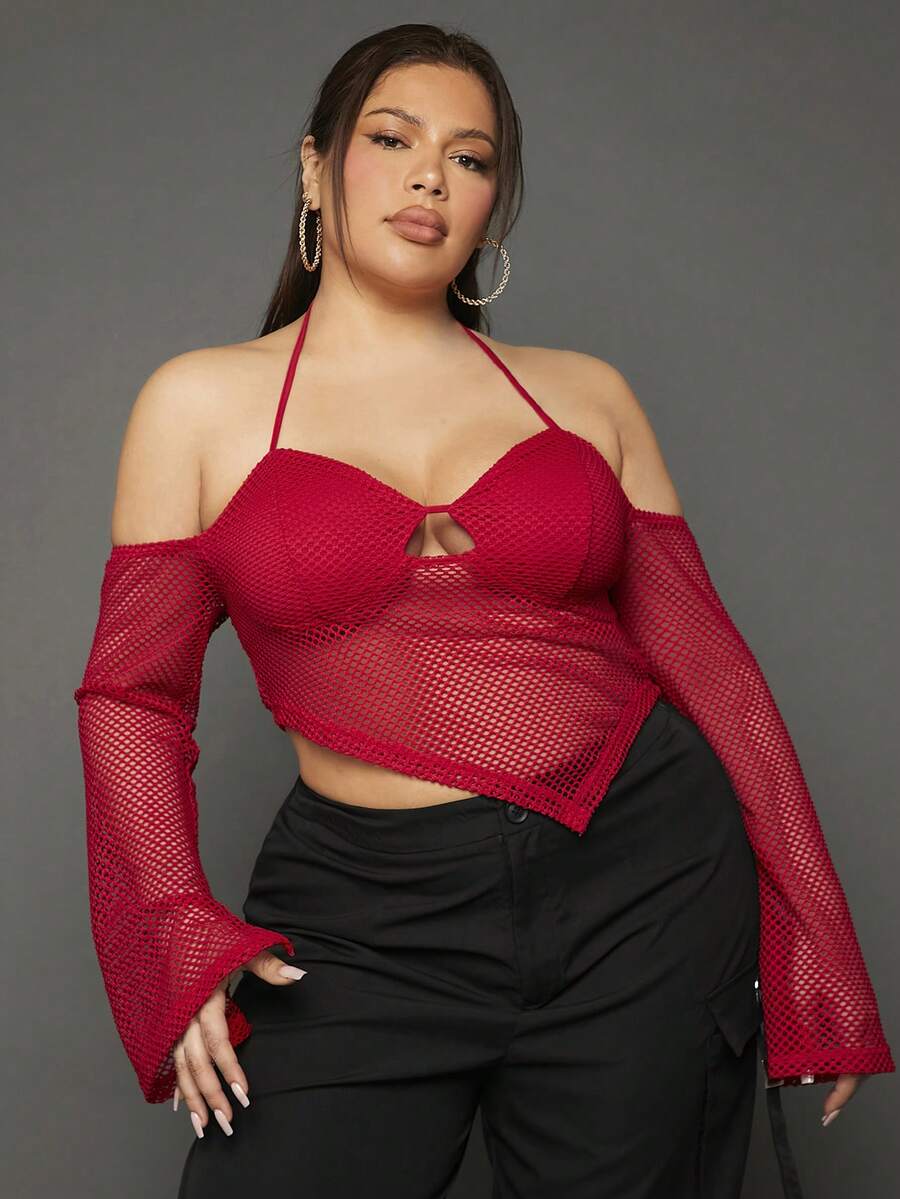 SHEIN SXY 大碼後背繫帶手帕下擺網紗上衣 - 紅色 - 查看 1