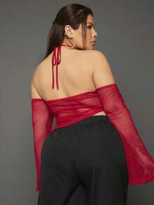 SHEIN SXY 大碼後背繫帶手帕下擺網紗上衣 - 紅色 - 查看 2