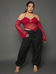 SHEIN SXY 大碼後背繫帶手帕下擺網紗上衣 - 紅色 - 查看 4