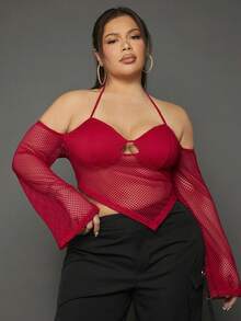 SHEIN SXY 大碼後背繫帶手帕下擺網紗上衣 - 紅色 - 查看 3