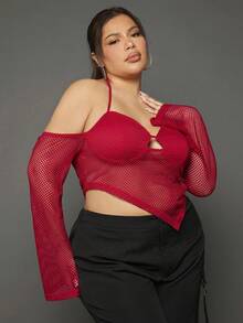 SHEIN SXY 大碼後背繫帶手帕下擺網紗上衣 - 紅色 - 查看 5