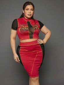 SHEIN SXY Bộ thời trang Plus Size Tương phản Mesh Slogan Ngọn lửa Gợi cảm - Nhiều màu - Xem 6