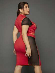 SHEIN SXY Bộ thời trang Plus Size Tương phản Mesh Slogan Ngọn lửa Gợi cảm - Nhiều màu - Xem 2