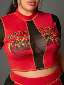 SHEIN SXY Bộ thời trang Plus Size Tương phản Mesh Slogan Ngọn lửa Gợi cảm - Nhiều màu - Xem 3