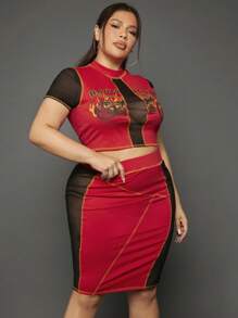 SHEIN SXY Bộ thời trang Plus Size Tương phản Mesh Slogan Ngọn lửa Gợi cảm - Nhiều màu - Xem 4