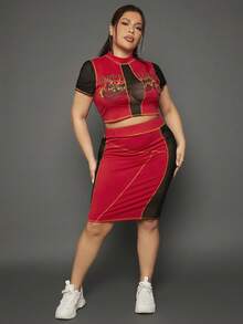 SHEIN SXY Bộ thời trang Plus Size Tương phản Mesh Slogan Ngọn lửa Gợi cảm - Nhiều màu - Xem 5