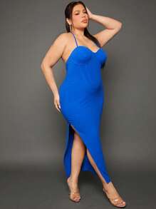 SHEIN SXY 大碼高衩緊身吊帶洋裝 - 寶藍色 - 查看 4