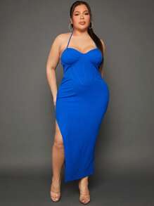 SHEIN SXY 大碼高衩緊身吊帶洋裝 - 寶藍色 - 查看 7