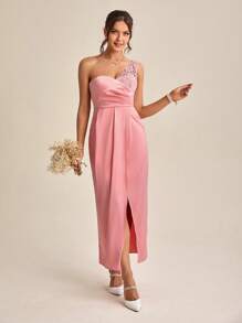 SHEIN Belle One Shoulder Contrast Lace Ruched Split Thigh Bridesmaid Dress - Dusty Pink - View 1