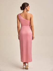 SHEIN Belle One Shoulder Contrast Lace Ruched Split Thigh Bridesmaid Dress - Dusty Pink - View 2