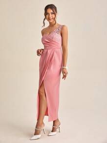 SHEIN Belle One Shoulder Contrast Lace Ruched Split Thigh Bridesmaid Dress - Dusty Pink - View 3