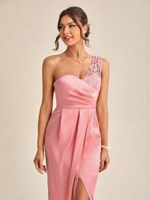 SHEIN Belle One Shoulder Contrast Lace Ruched Split Thigh Bridesmaid Dress - Dusty Pink - View 6
