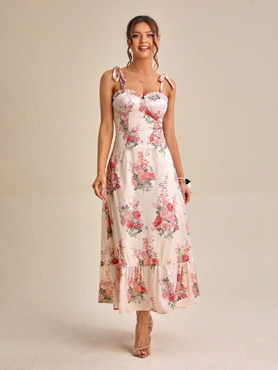 SHEIN Belle In hoa Cà vạt vai Xù Hoa Sen Váy Phù dâu Dây - Nhiều màu - Xem 1