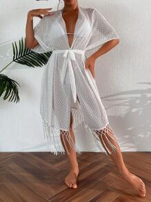 Solid Fringe Hem Belted Kimono - White - View 1