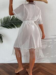 Solid Fringe Hem Belted Kimono - White - View 2