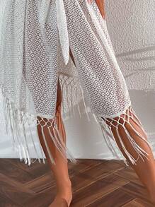 Solid Fringe Hem Belted Kimono - White - View 4