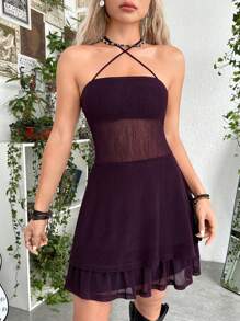 ROMWE PUNK 素色荷葉邊網紗覆蓋掛脖連衣裙不附腰帶 - 紫色 - 查看 4