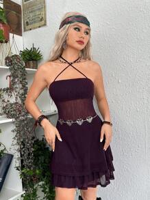 ROMWE PUNK 素色荷葉邊網紗覆蓋掛脖連衣裙不附腰帶 - 紫色 - 查看 5