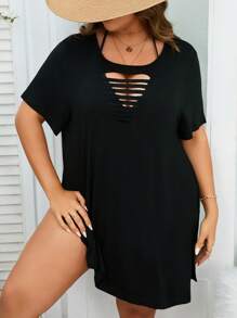 SHEIN Swim Curve Plus Ladder Cut Out Split Hem Dolman Sleeve Cover Up Dress - Black - View 3