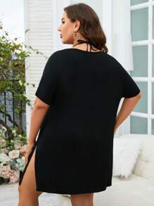 SHEIN Swim Curve Plus Ladder Cut Out Split Hem Dolman Sleeve Cover Up Dress - Black - View 5