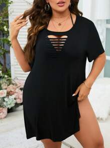 SHEIN Swim Curve Plus Ladder Cut Out Split Hem Dolman Sleeve Cover Up Dress - Black - View 4