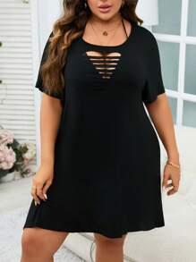 SHEIN Swim Curve Plus Ladder Cut Out Split Hem Dolman Sleeve Cover Up Dress - Black - View 1