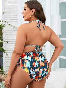Plus Size Allover Print Halter Triangle High Waist Bikini Set Summer Beach - Army Green - View 3