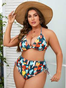 Plus Size Allover Print Halter Triangle High Waist Bikini Set Summer Beach - Army Green - View 4