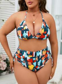 Plus Size Allover Print Halter Triangle High Waist Bikini Set Summer Beach - Army Green - View 1