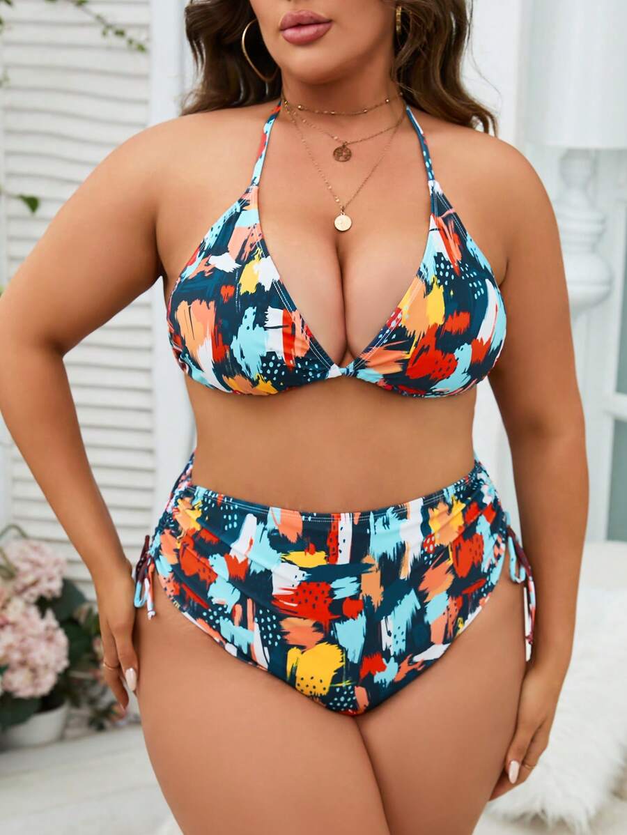 Plus Size Allover Print Halter Triangle Eo cao Bikini Set Bãi biển mùa hè - xanh quân đội - Xem 1