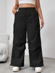 CovetEZ Quần Plus Size Nút Túi màu trơn Giải trí - màu đen - Xem 3