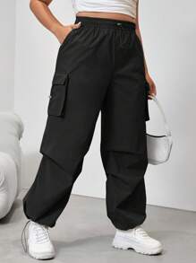 CovetEZ Quần Plus Size Nút Túi màu trơn Giải trí - màu đen - Xem 5