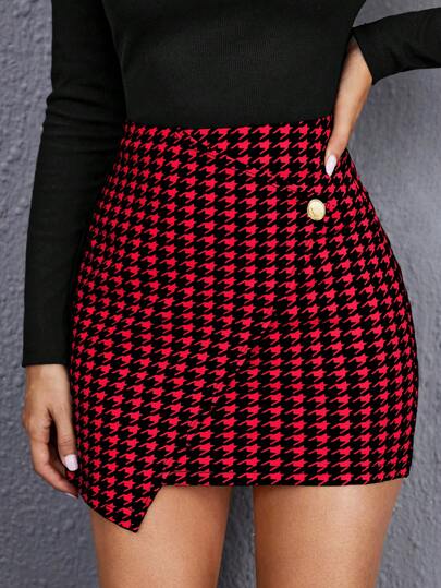 SHEIN Privé 千鳥格印花紐扣細節不對稱下擺包臀半身裙
