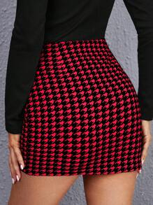 SHEIN Privé 千鳥格印花紐扣細節不對稱下擺包臀半身裙 - 彩色 - 查看 2