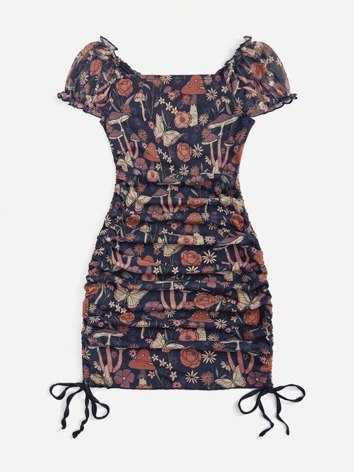 floral print drawstring ruched dress Sage Floral Print Mesh Ruched Ruffle Laced Hem Dress