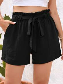 SHEIN Essnce Quần Short kích thước lớn Thắt lưng Quần paper-bag màu trơn Giải trí - màu đen - Xem 3