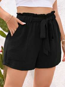 SHEIN Essnce Quần Short kích thước lớn Thắt lưng Quần paper-bag màu trơn Giải trí - màu đen - Xem 5