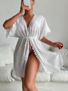 Solid Pom-Pom Trim Tie Front Kimono, For Summer Beach Vacation - White - View 1