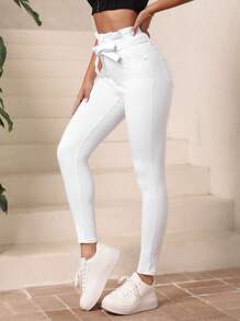 SHEIN Essnce Paperbag Waist Belted Skinny Jeans - White - View 3