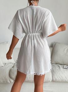 Solid Pom-Pom Trim Tie Front Kimono, For Summer Beach Vacation - White - View 2