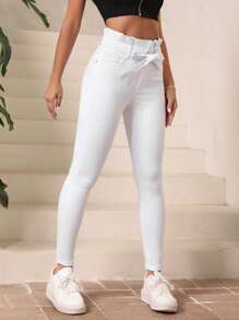 SHEIN Essnce Paperbag Waist Belted Skinny Jeans - White - View 4