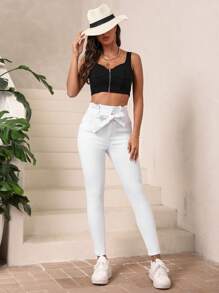 SHEIN Essnce Paperbag Waist Belted Skinny Jeans - White - View 5