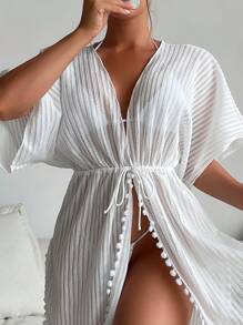 Solid Pom-Pom Trim Tie Front Kimono, For Summer Beach Vacation - White - View 4