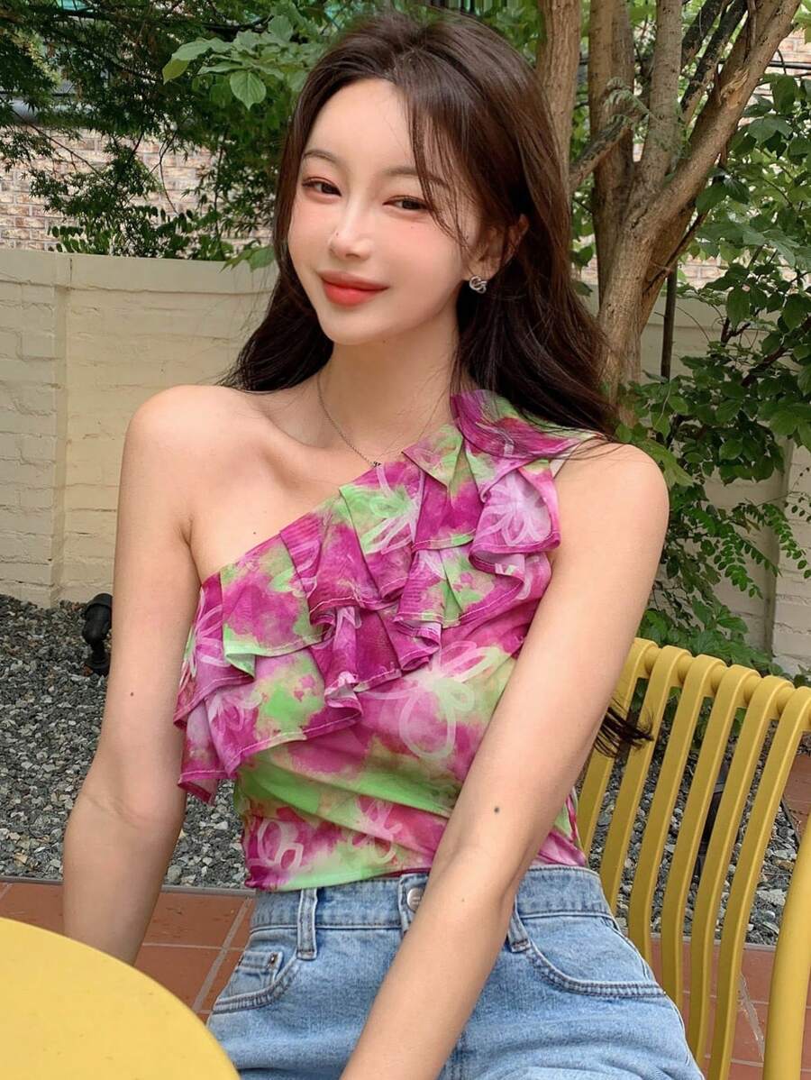 DAZY 滿身花卉單肩荷葉邊上衣 - 粉色 - 查看 1