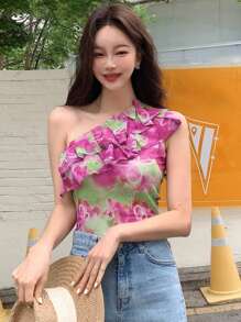 DAZY 滿身花卉單肩荷葉邊上衣 - 粉色 - 查看 4