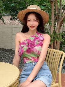 DAZY 滿身花卉單肩荷葉邊上衣 - 粉色 - 查看 5