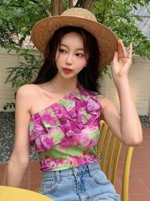 DAZY 滿身花卉單肩荷葉邊上衣 - 粉色 - 查看 8