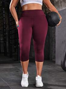 Yoga Basic 大碼寬腰帶運動打底褲 - 酒紅色 - 查看 3